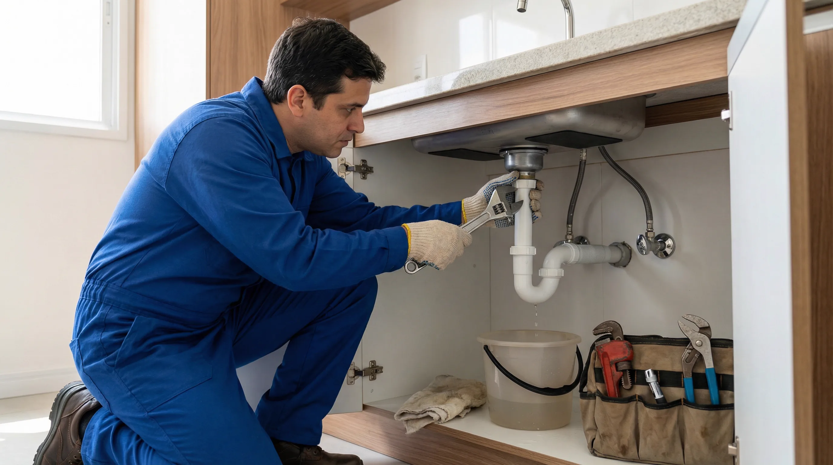 Encanador profissional realizando inspeção hidráulica em residência em Sorocaba-SP